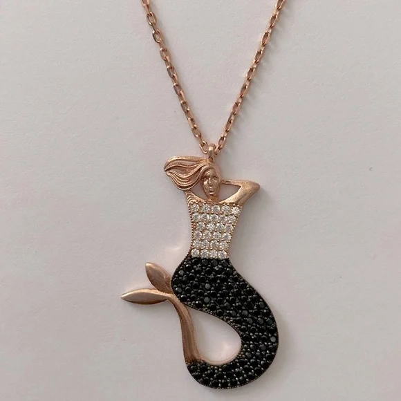 Mermaid 925 silver necklace black 14k rose gold plated - Picture 1 of 4